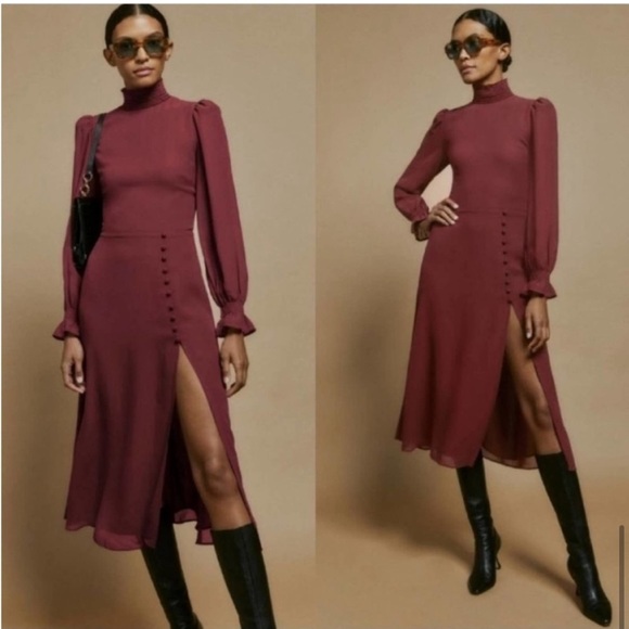 REFORMATION burgundy Stevi Slit-leg Crepe Midi Dress in Claret Size US 8 NWOT - Picture 3 of 4